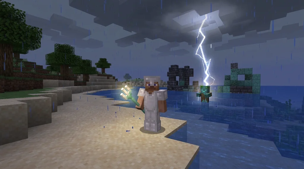 How to Use the Trident in Minecraft: Riptide, Channeling & Impaling supporting Minecraft scene 1