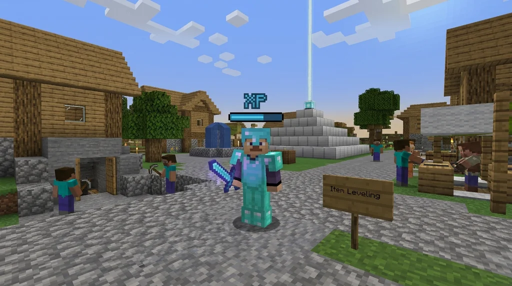 Player holding a custom sword in a Minecraft server town